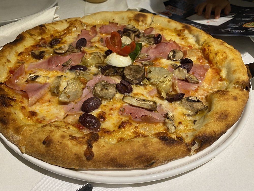 Pizza with ham, mushrooms and olives